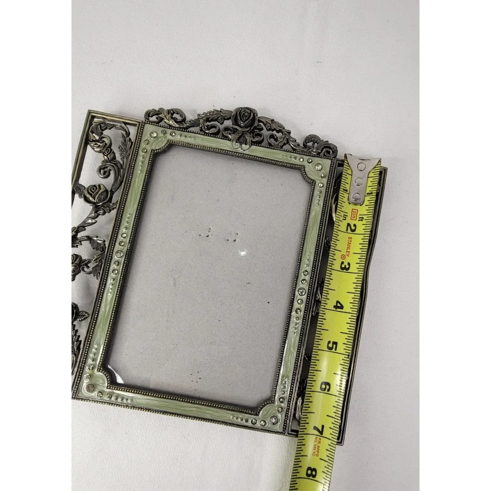 Vintage Style Bronze Rose Enamel Rhinestone Ornate Photo Frame 4x6 Sage Green
